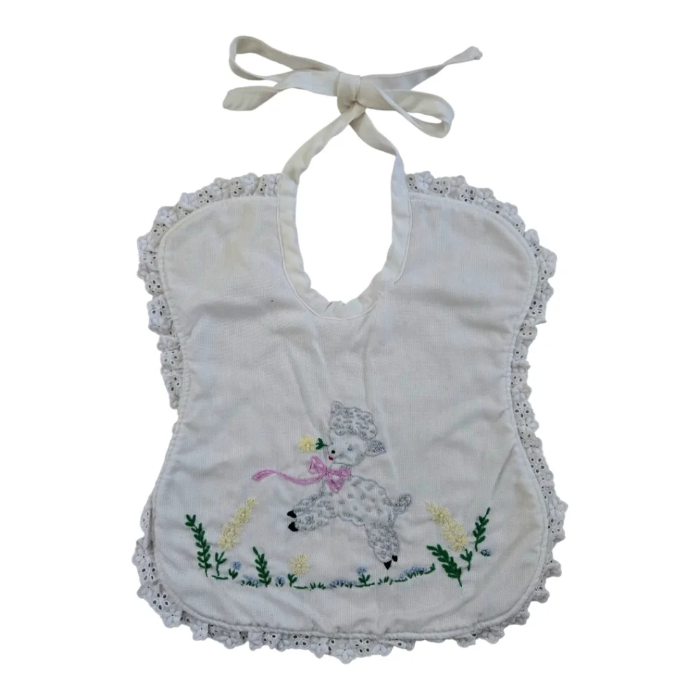 Vintage 1980s-1990s Embroidered Baby Lamb Bib Lace Trim